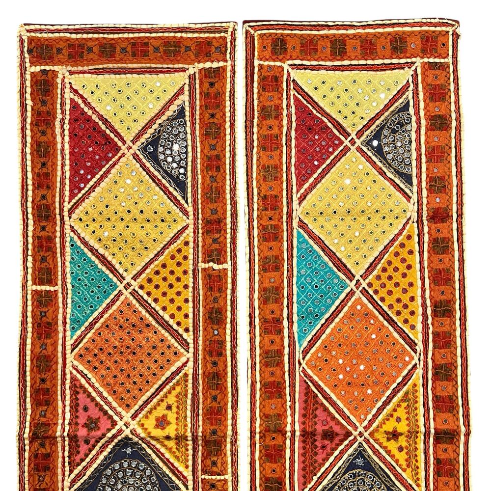 Vintage Rajasthani Sari Embroidered Patchwork Mirrored Tile Wall Hanging Panels - Picture 2 of 8